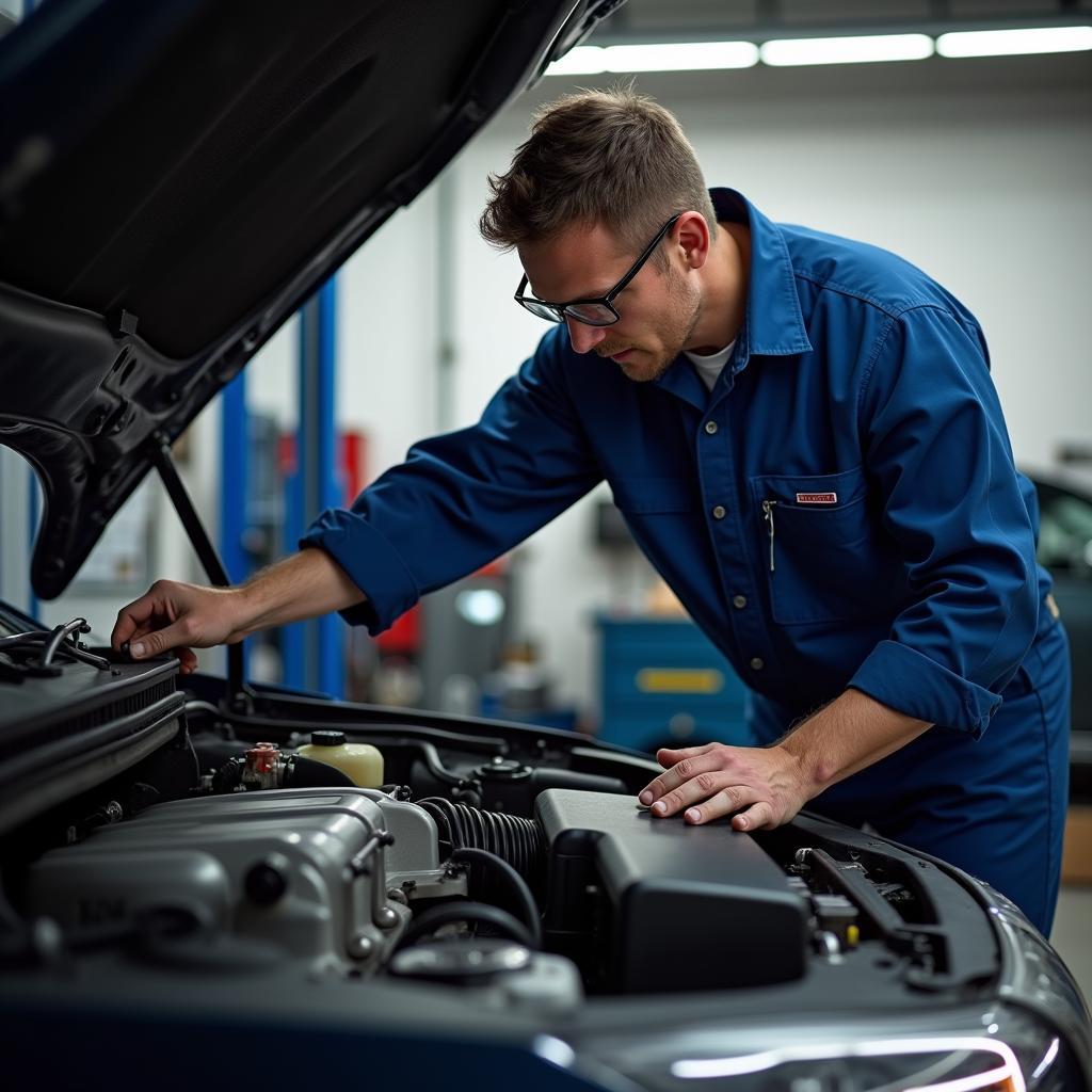 Mechanic Checking Engine in Sydenham Car Service Garage