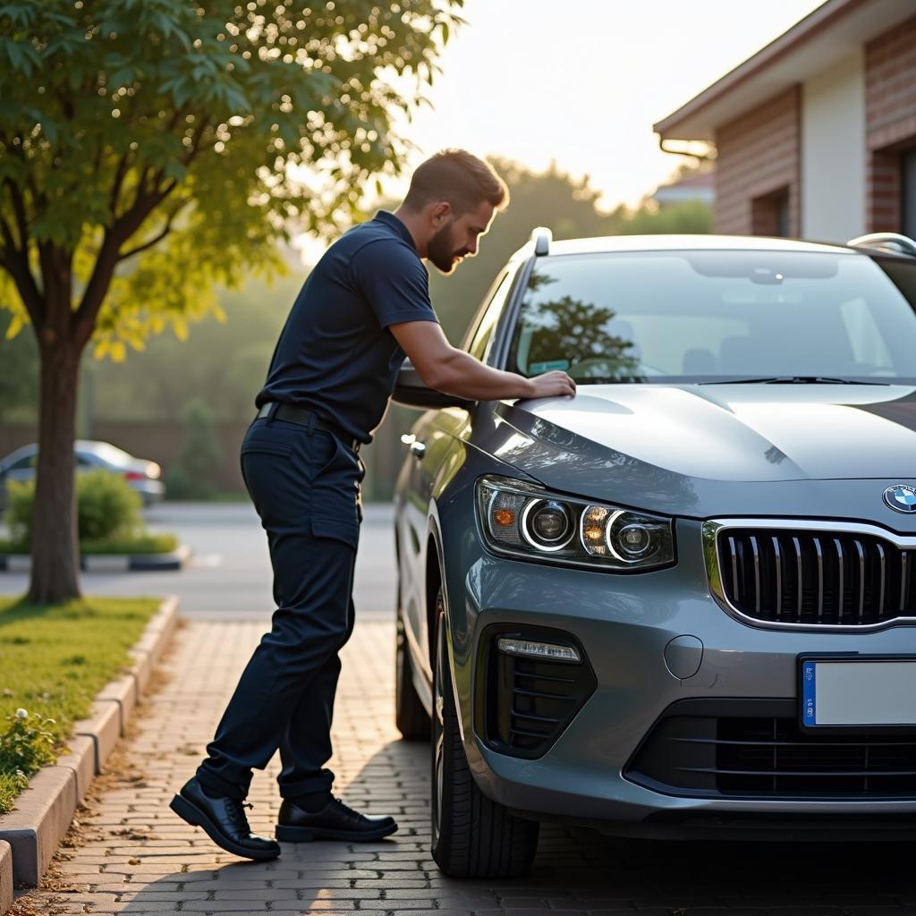 Car service technician working on a car in a Jaipur driveway, providing doorstep car maintenance