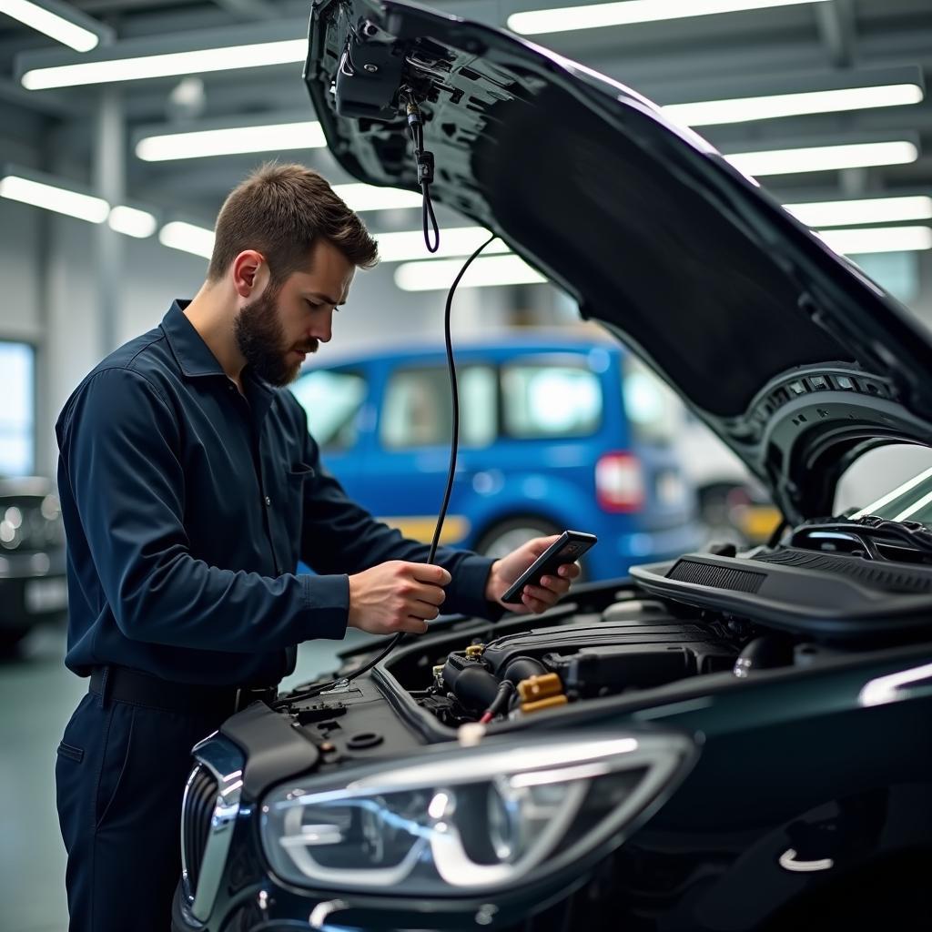 Car service technician meticulously checking car engine during routine maintenance.