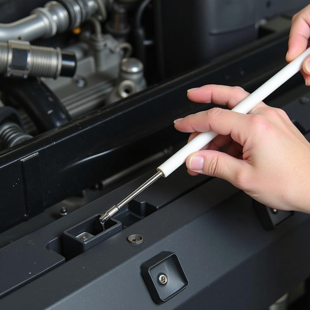 Car Service Technician Checking Engine Oil Levels with Dipstick