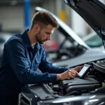 Car Service Technician Performing Diagnostics in Colne