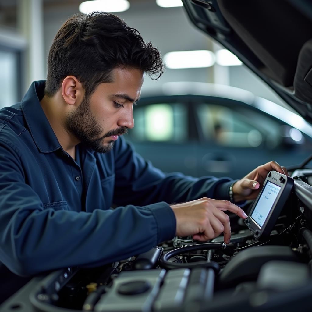 Car service technician using diagnostic equipment in Pondicherry