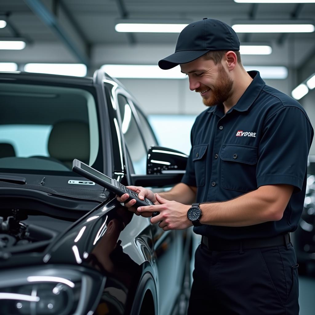 Car service technician using diagnostic tool near Mylpore