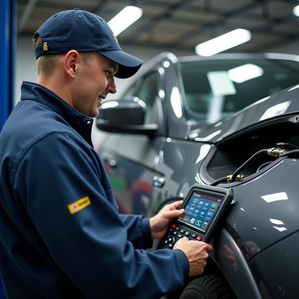 Car Service Technician Utilizing Diagnostic Tools in Troy NY