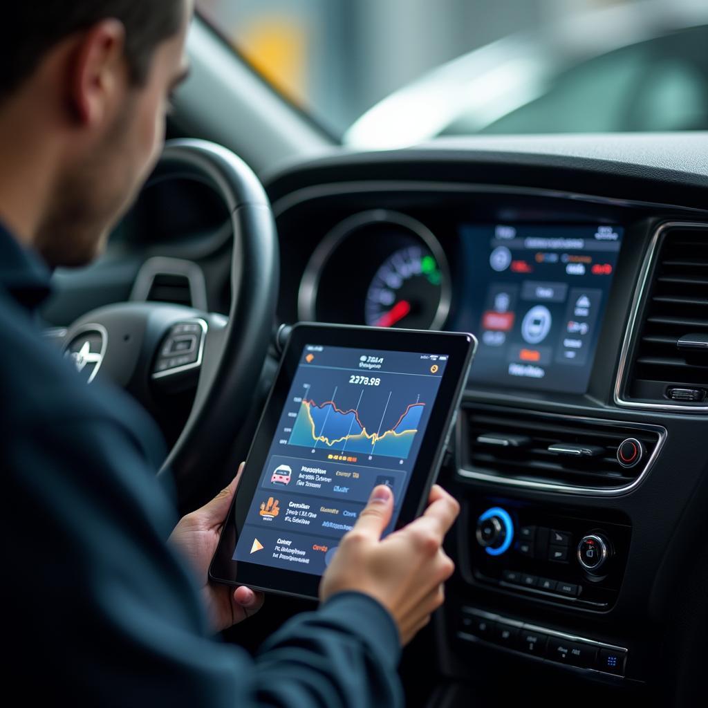 Car Service Technician Using Digital Tablet for Diagnostics