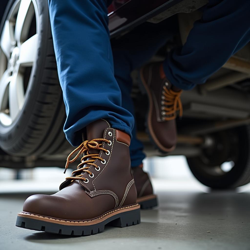 Car Service Technician with Protective Footwear