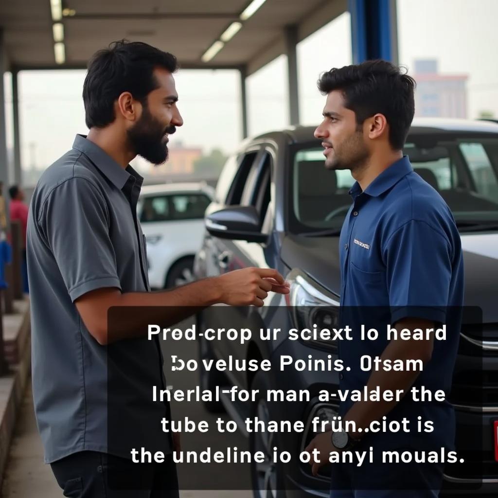 Customer discussing car service with a mechanic near Uttam Nagar