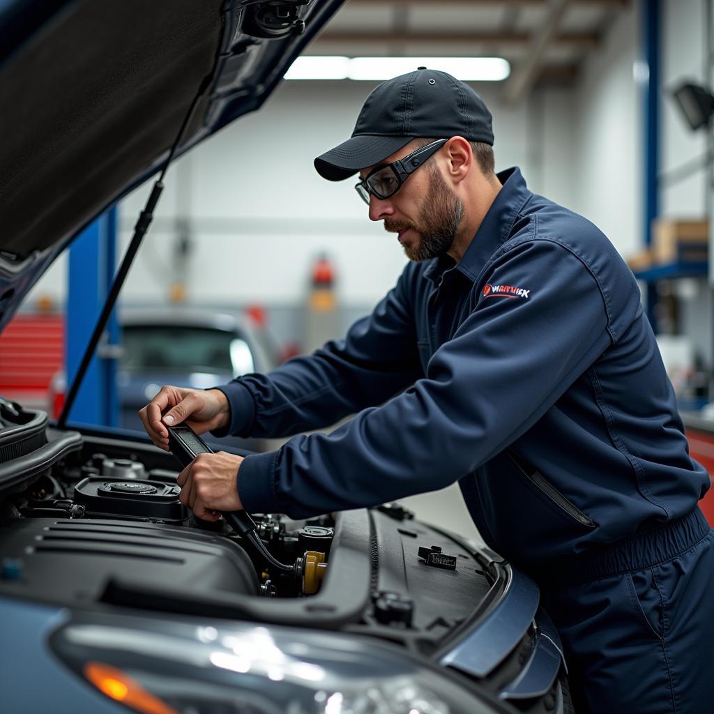 Mechanic checking car engine in Warwick garage