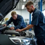 Mechanic checking engine in a Wigton car service