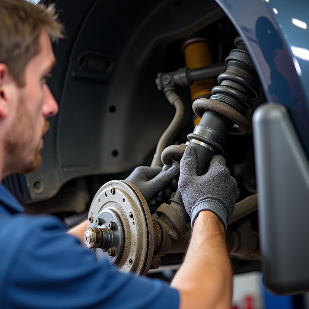 Technician replacing a control arm during car suspension repair