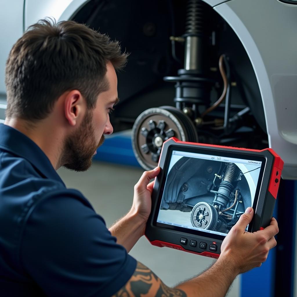 Mechanic using diagnostic equipment for car suspension check