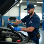 Mechanic working on a car engine in a modern car tech service centre