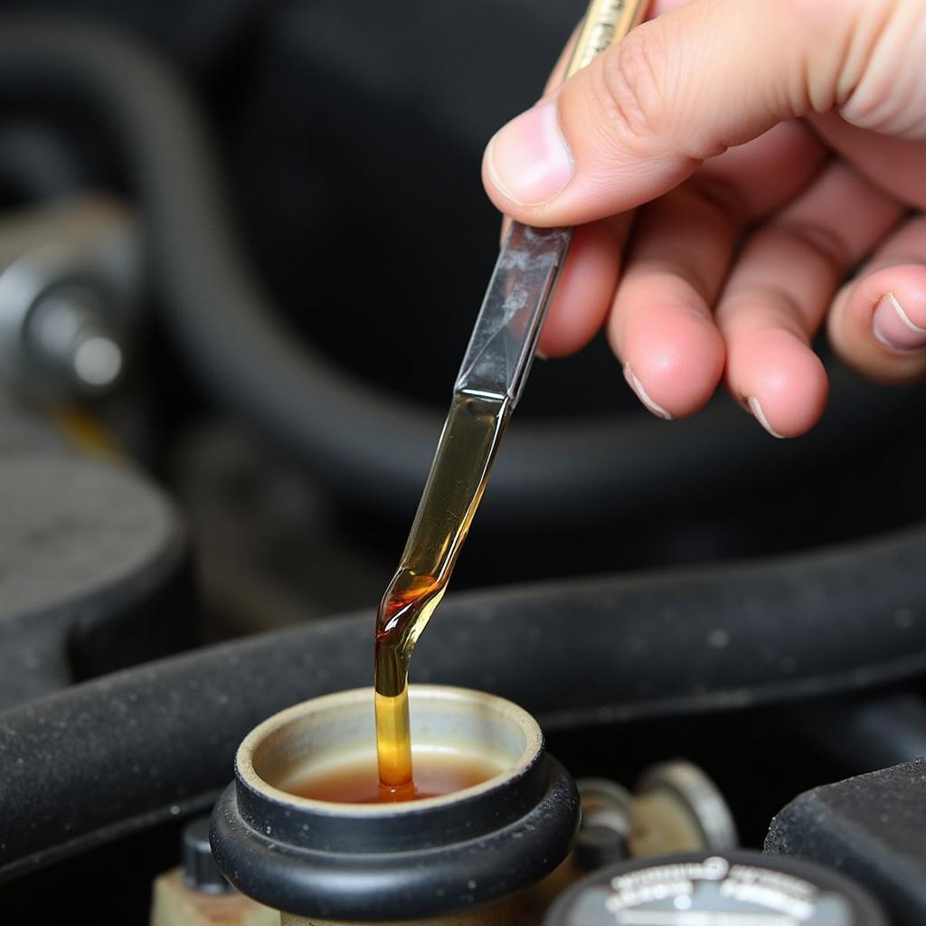 Close-up view of car transmission fluid being checked