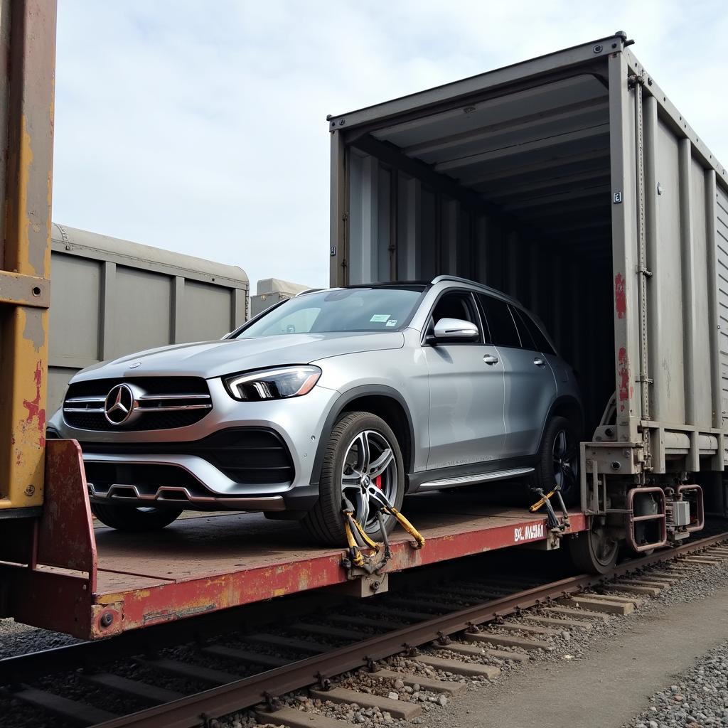 Car Transport via Railway: Loading a Vehicle onto a Specialized Rail Car