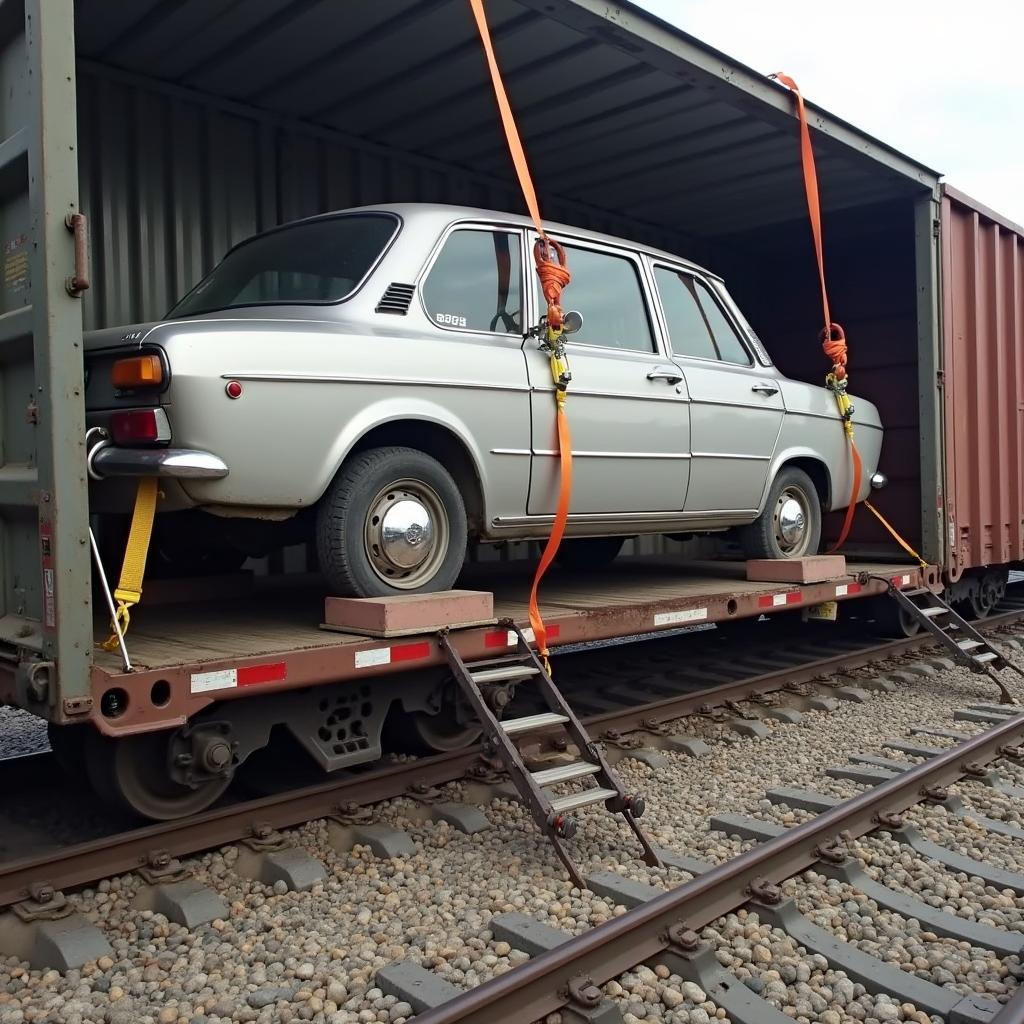 Securing a Vehicle for Rail Transport: Straps and Wheel Chocks in Action