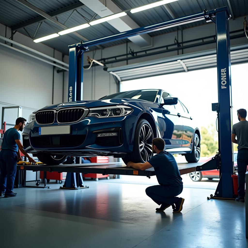 Car Undergoing Periodic Maintenance Service in a Garage