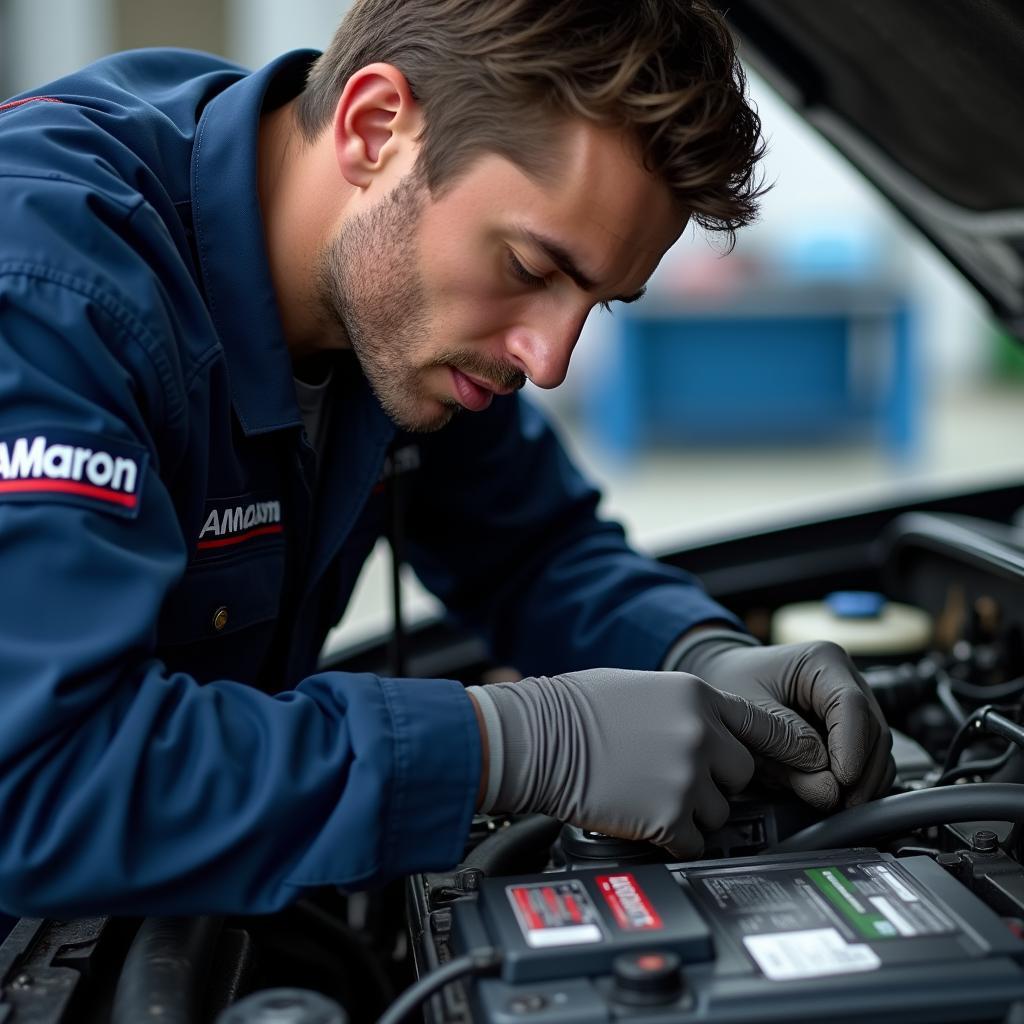 Certified Amaron technician working on a car battery