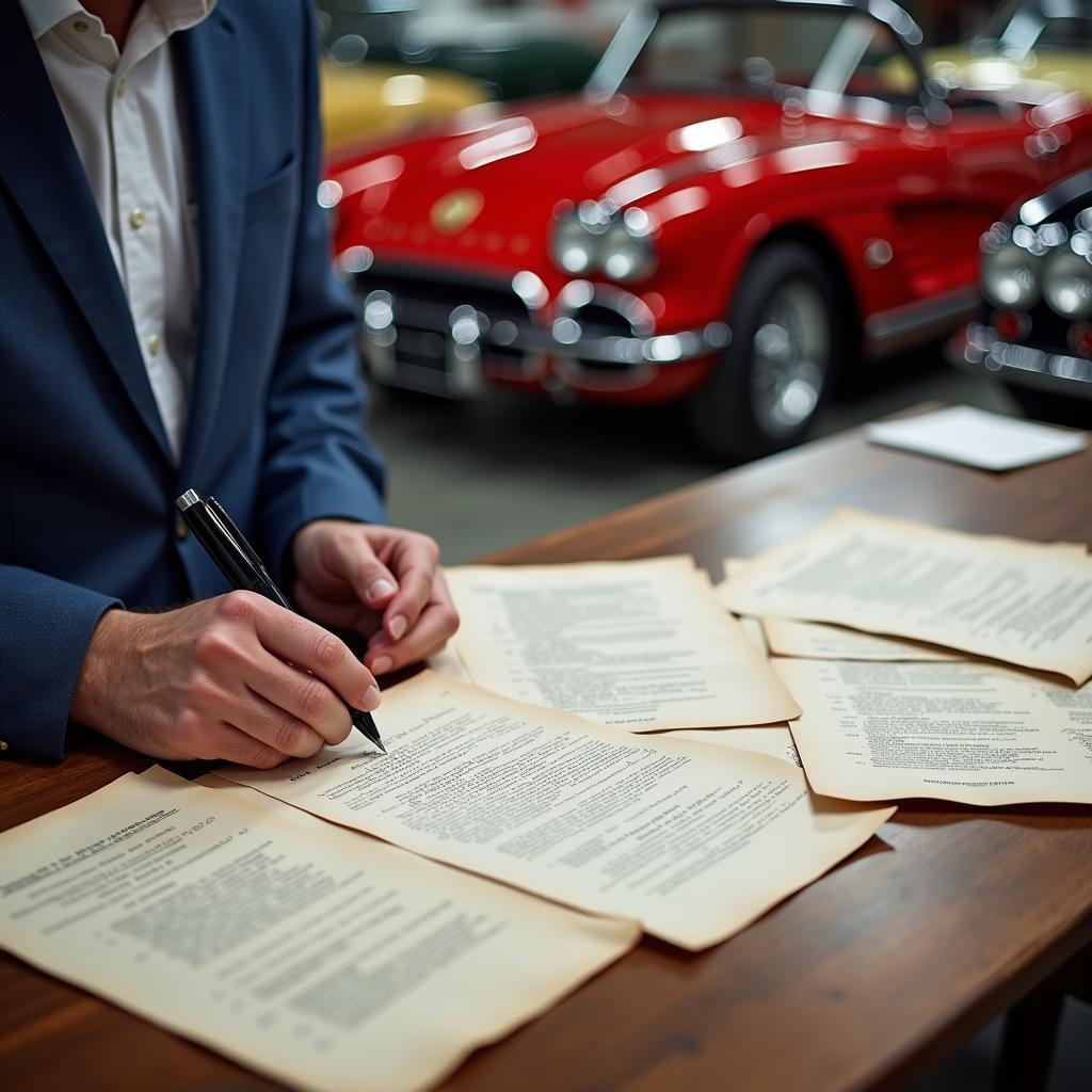 Certified Appraiser Reviewing Classic Car Documents