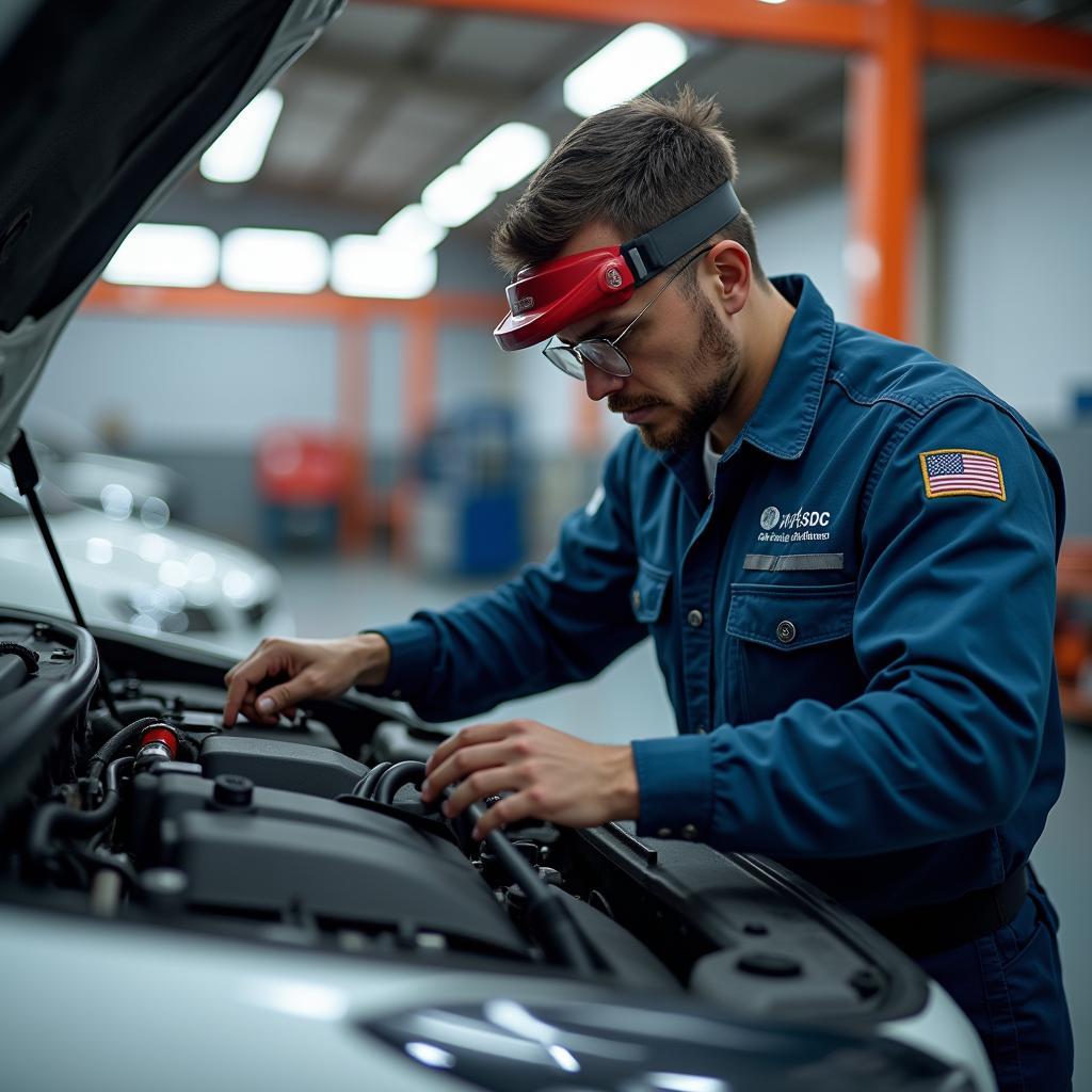 Certified Car Mechanic Performing a Service