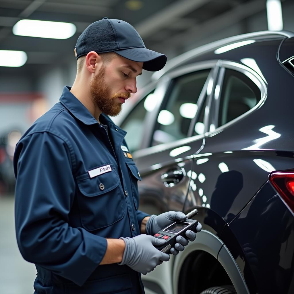 Certified car mechanic performing a vehicle inspection in a professional service center.