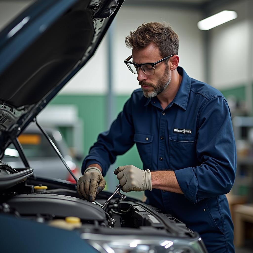 Certified Car Mechanic Working on Engine