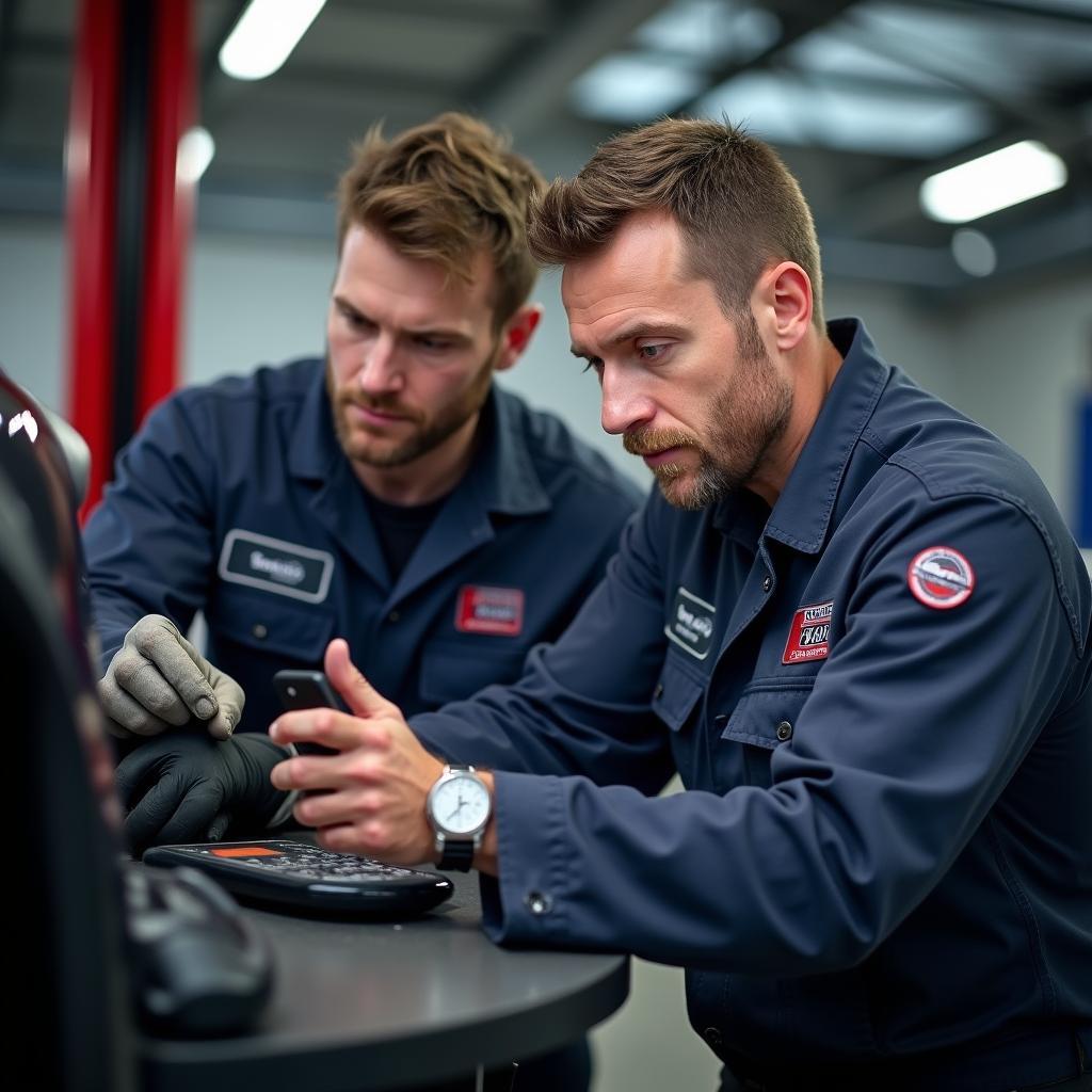 Certified Car Service Technicians Performing Vehicle Diagnostics