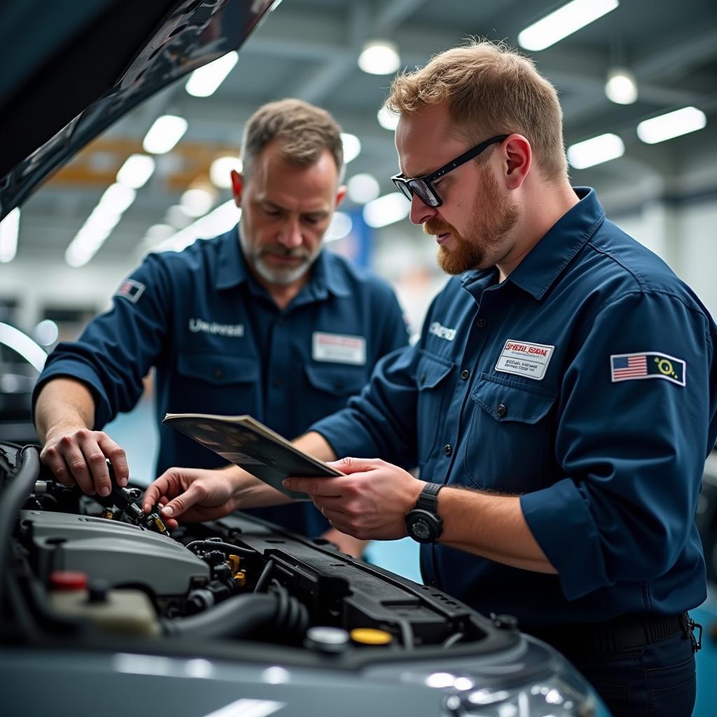 Certified Car Technicians Working on a Vehicle in a Modern Service Bay