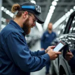 Certified technician performing diagnostic check on a vehicle using specialized equipment in a multibrand car service centre