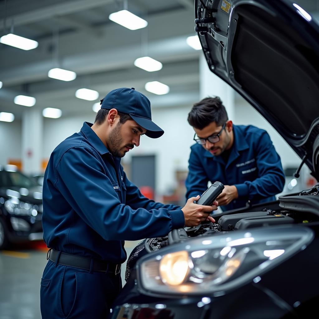 Certified Technicians Working on a Car in a Mathura Service Center