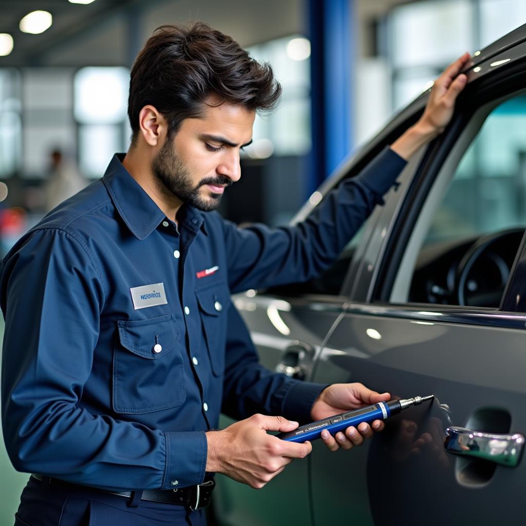 Certified technicians working on a car in a modern Velachery car service center