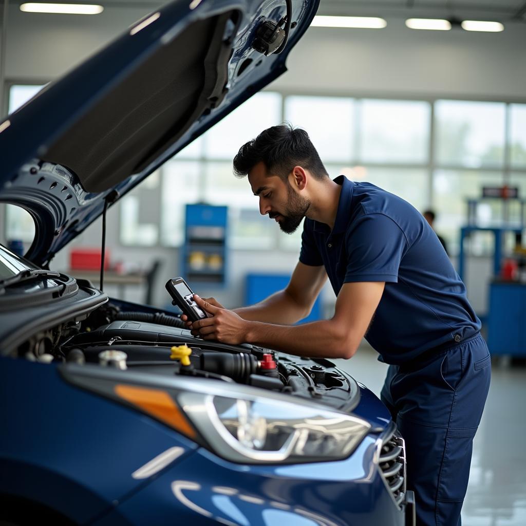 Chennai Car Service Center Inspection: A mechanic inspecting a car's engine in a well-equipped service center in Chennai.