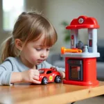 Child Engaging in Imaginative Play with a Toy Car Repair Station