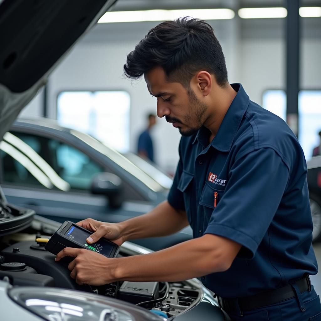 Experienced mechanic checking car on Sunday in Coimbatore service center