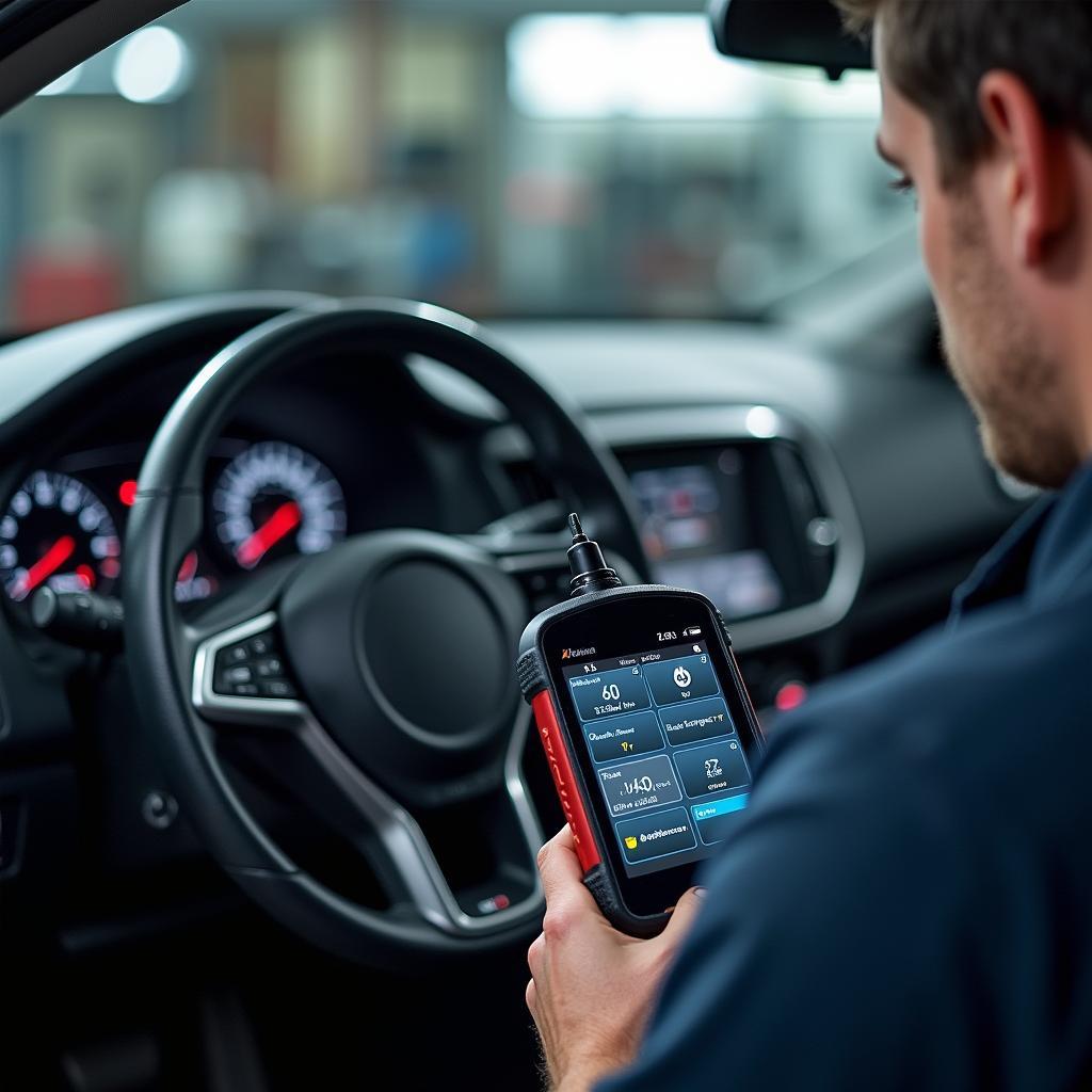 Mechanic Performing a Diagnostic Scan on a Car