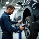 Mechanic Inspecting a Car in a Commonwealth Car Service Center