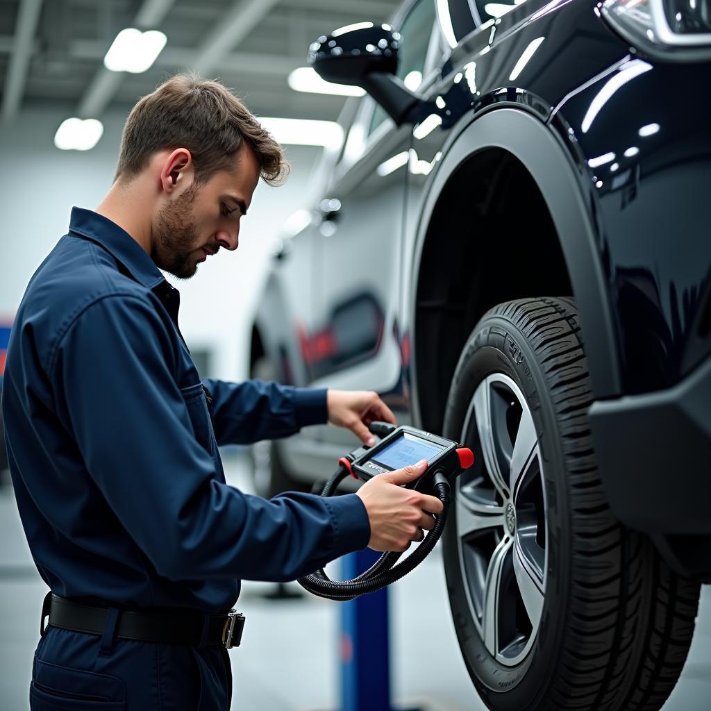 Mechanic Inspecting a Car in a Commonwealth Car Service Center