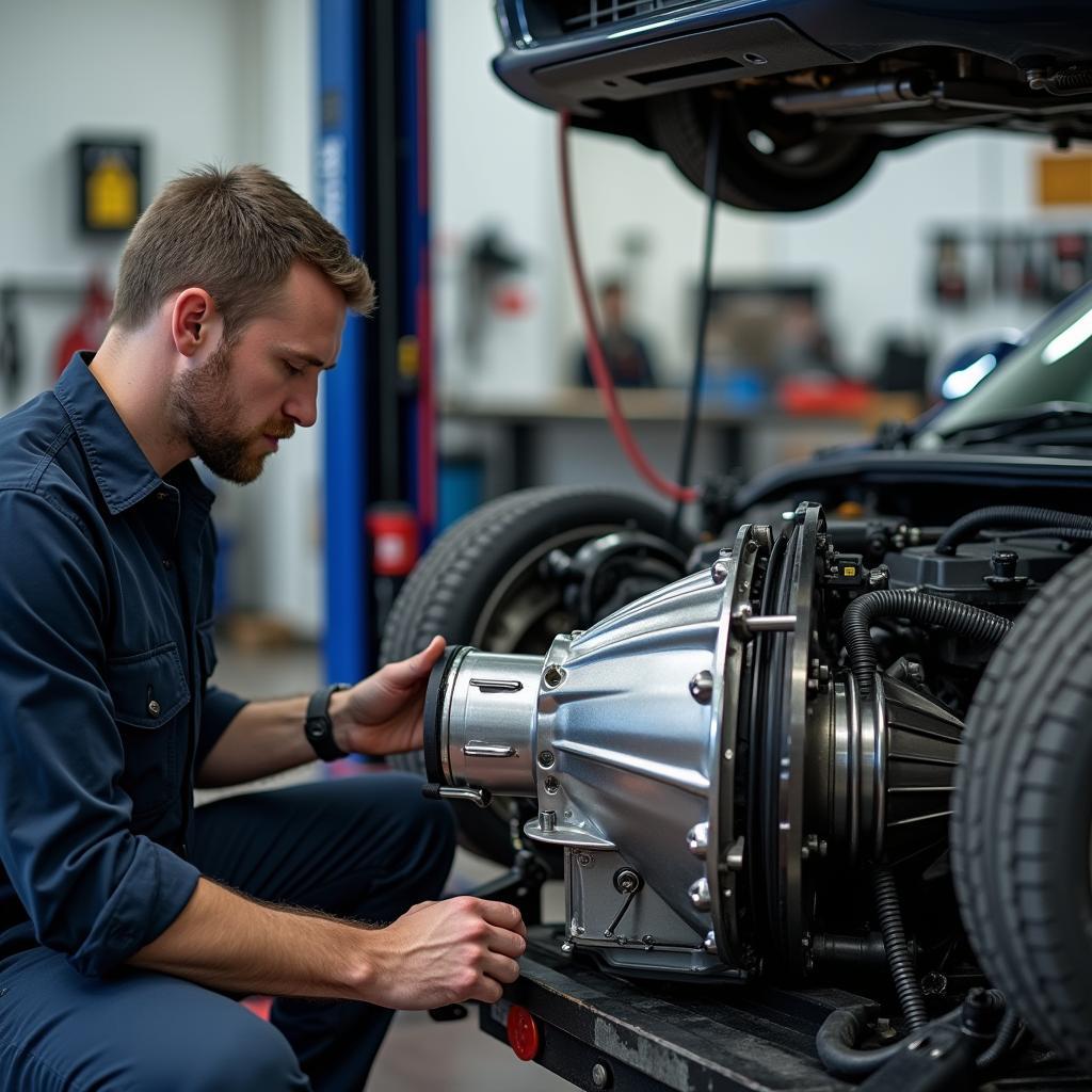 Mechanic Repairing a Car Transmission in a Specialized Workshop