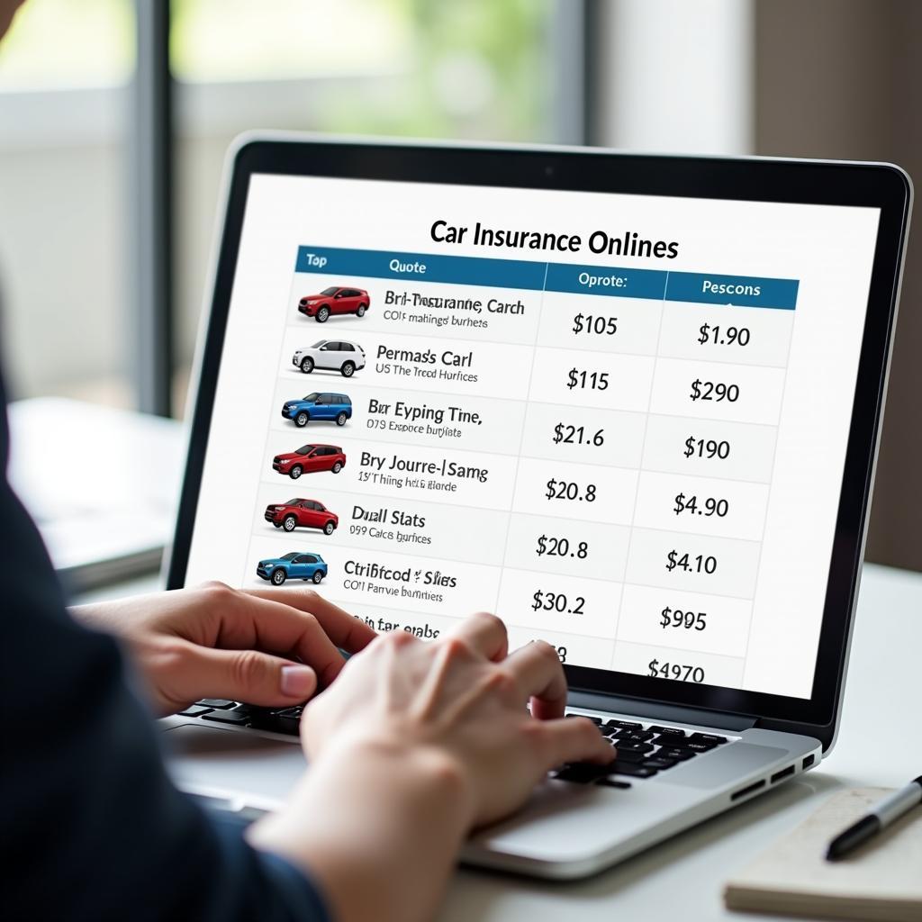 Person comparing car insurance quotes online using a laptop