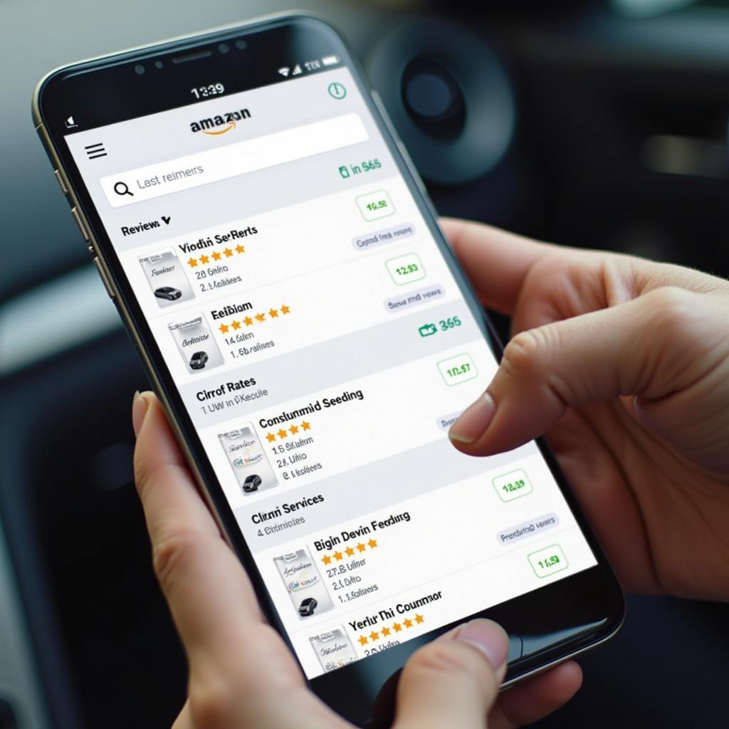 Comparing car service prices online using a mobile phone.