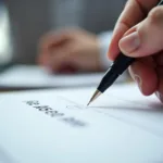 A close-up of a corporate car rental agreement being signed.