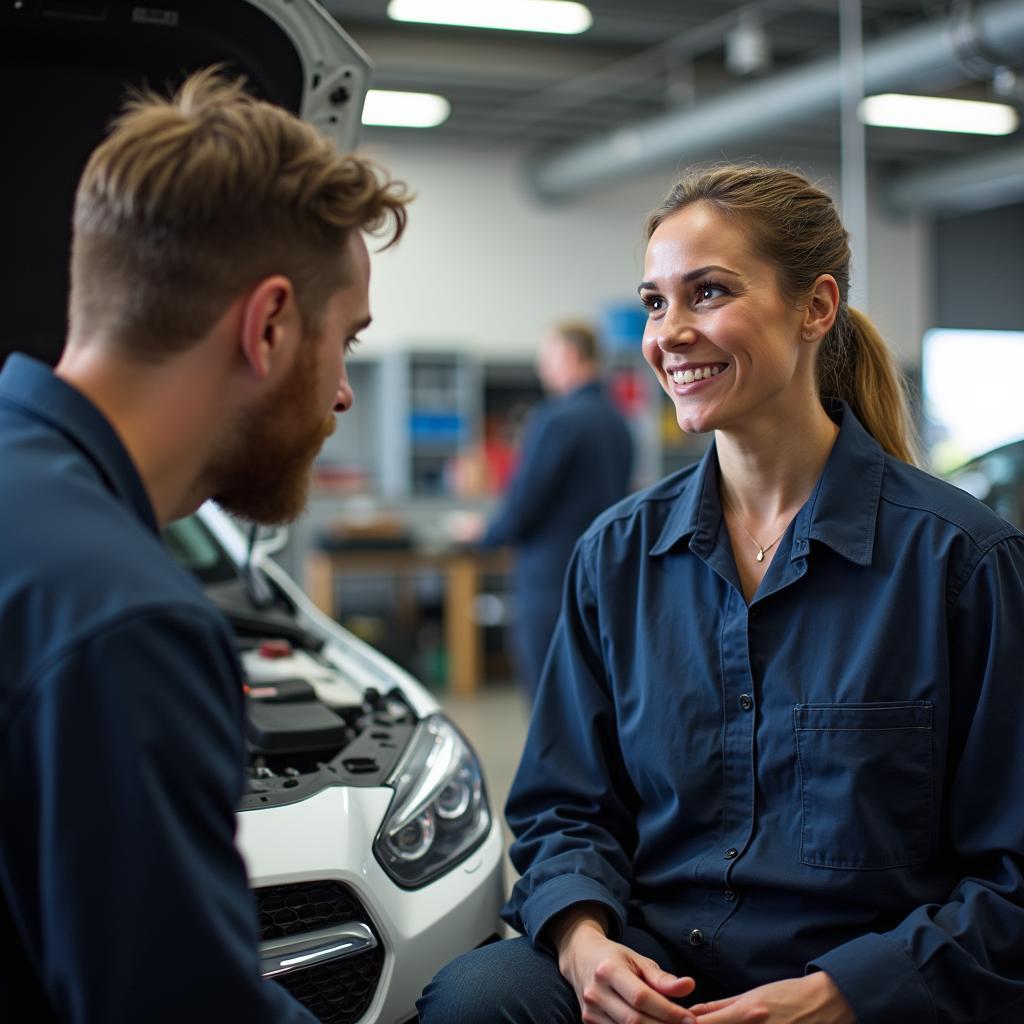 Customer asking questions to mechanic during car service