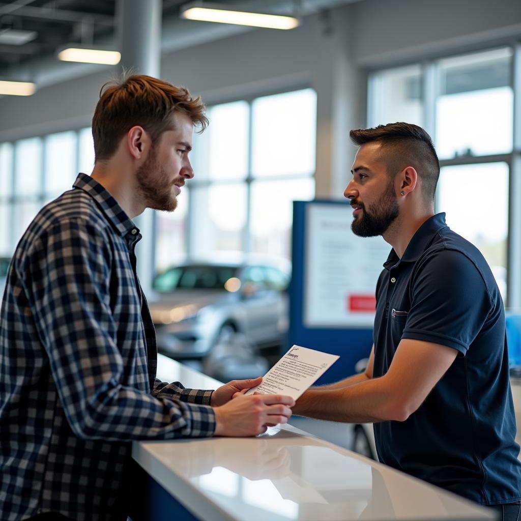 Customer Asking Questions at Car Service Dealer