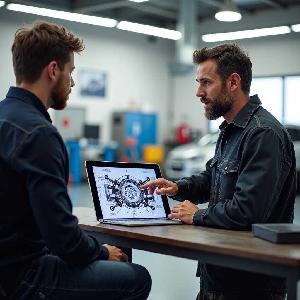 Customer talking with a mechanic about car repairs