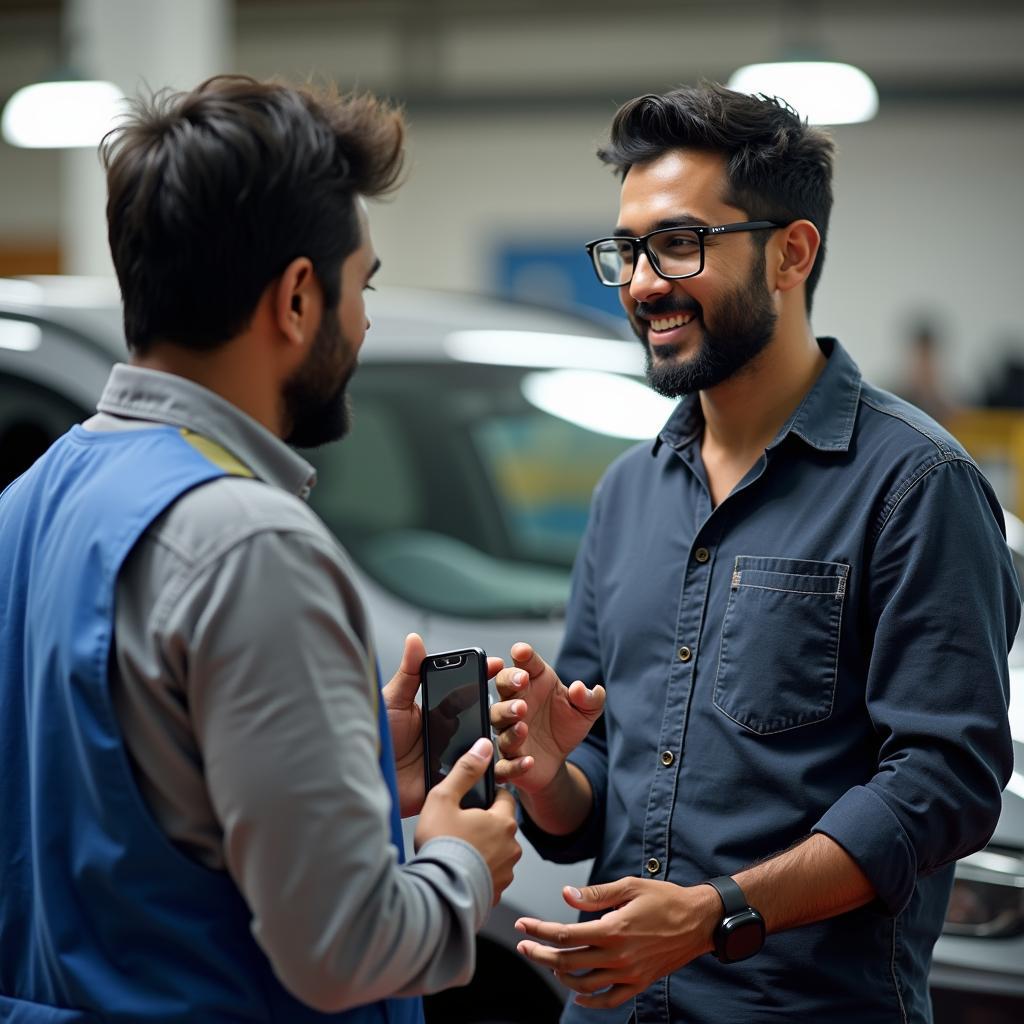 Customer Discussing Car Repair with Mechanic in Goregaon West