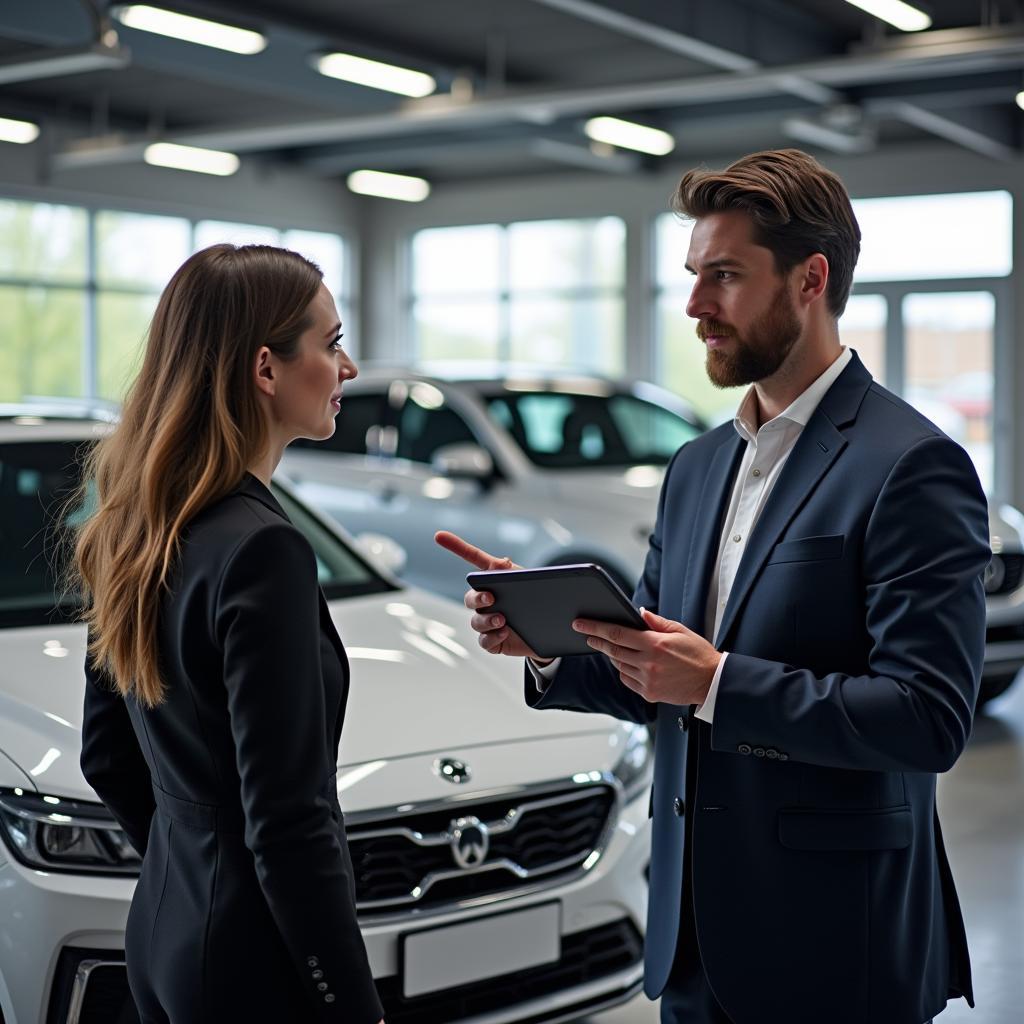 Customer Discussing Car Repair Options with a Service Advisor at a Multibrand Car Service Center