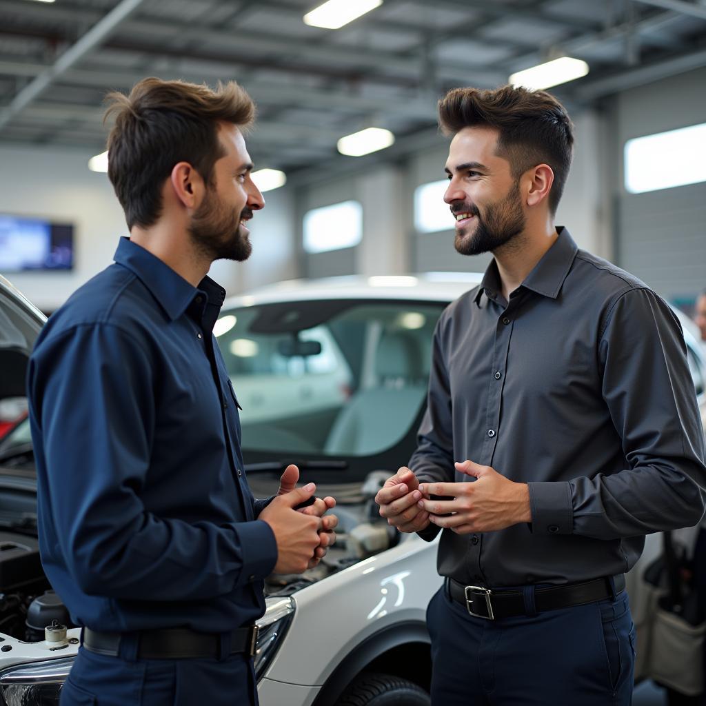 Customer discussing car service with technician in Faridabad