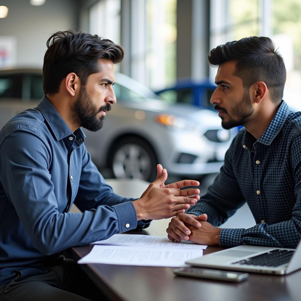 Customer Discussing Car Service Options with a Service Advisor in Mylapore