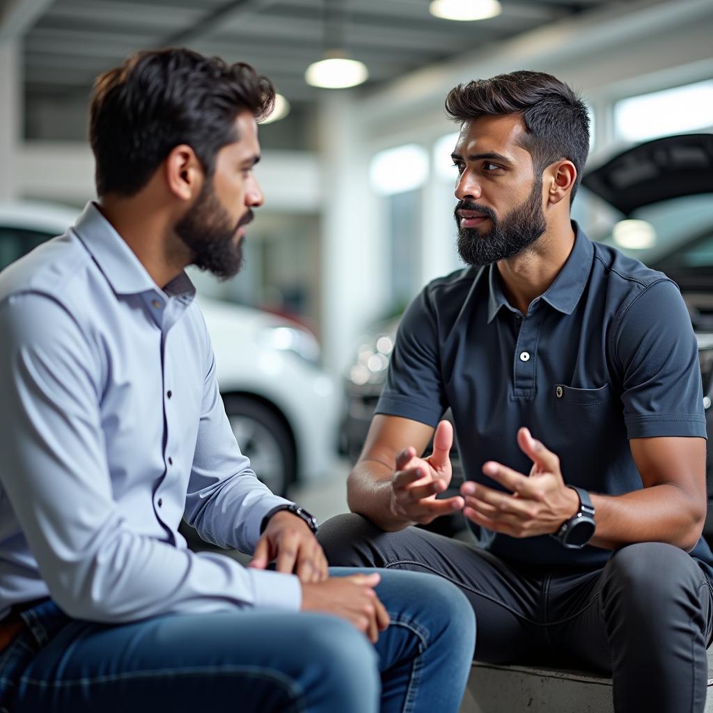 Customer discussing car service options with a service advisor in Pondicherry