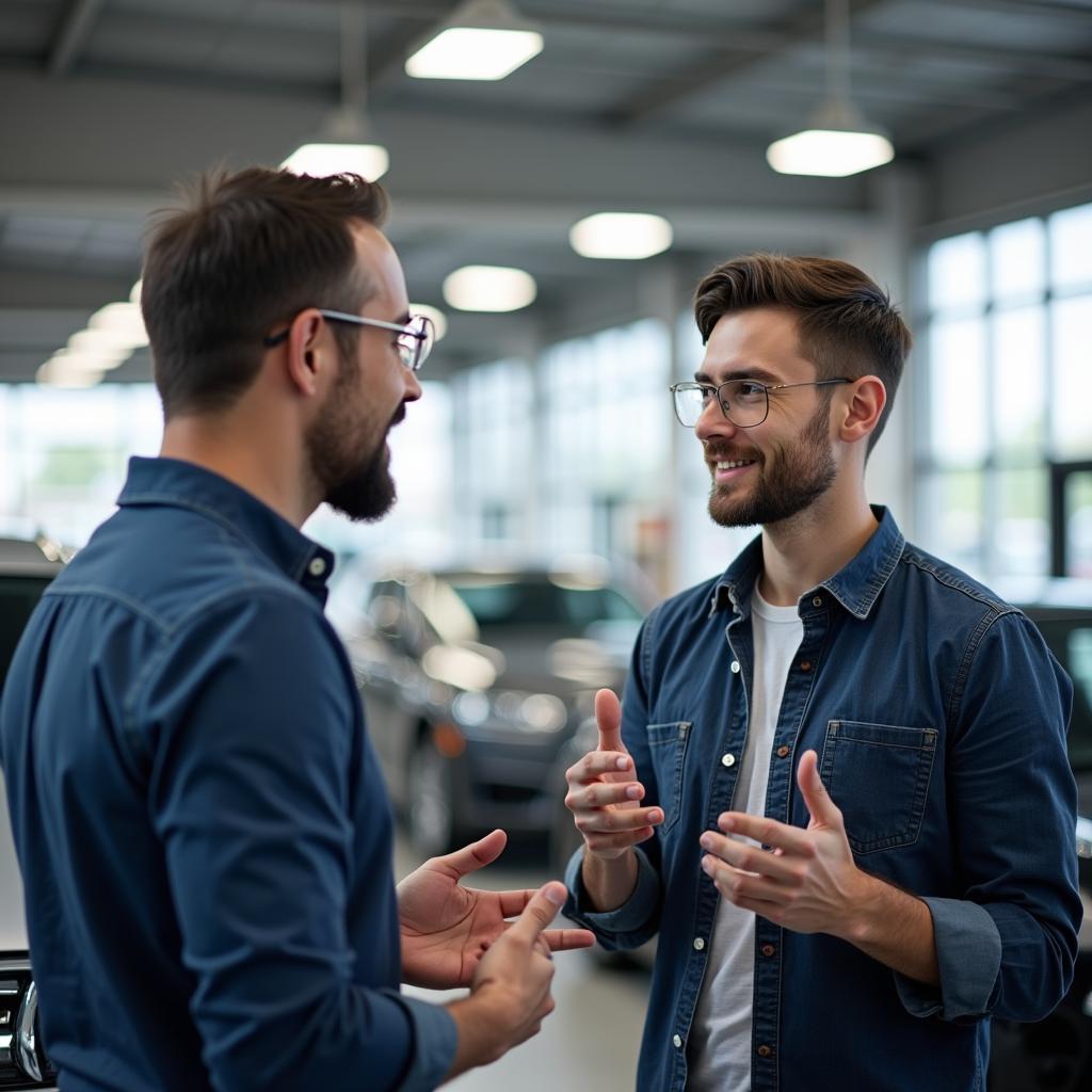 Customer discussing car service needs with service advisor near Mylpore