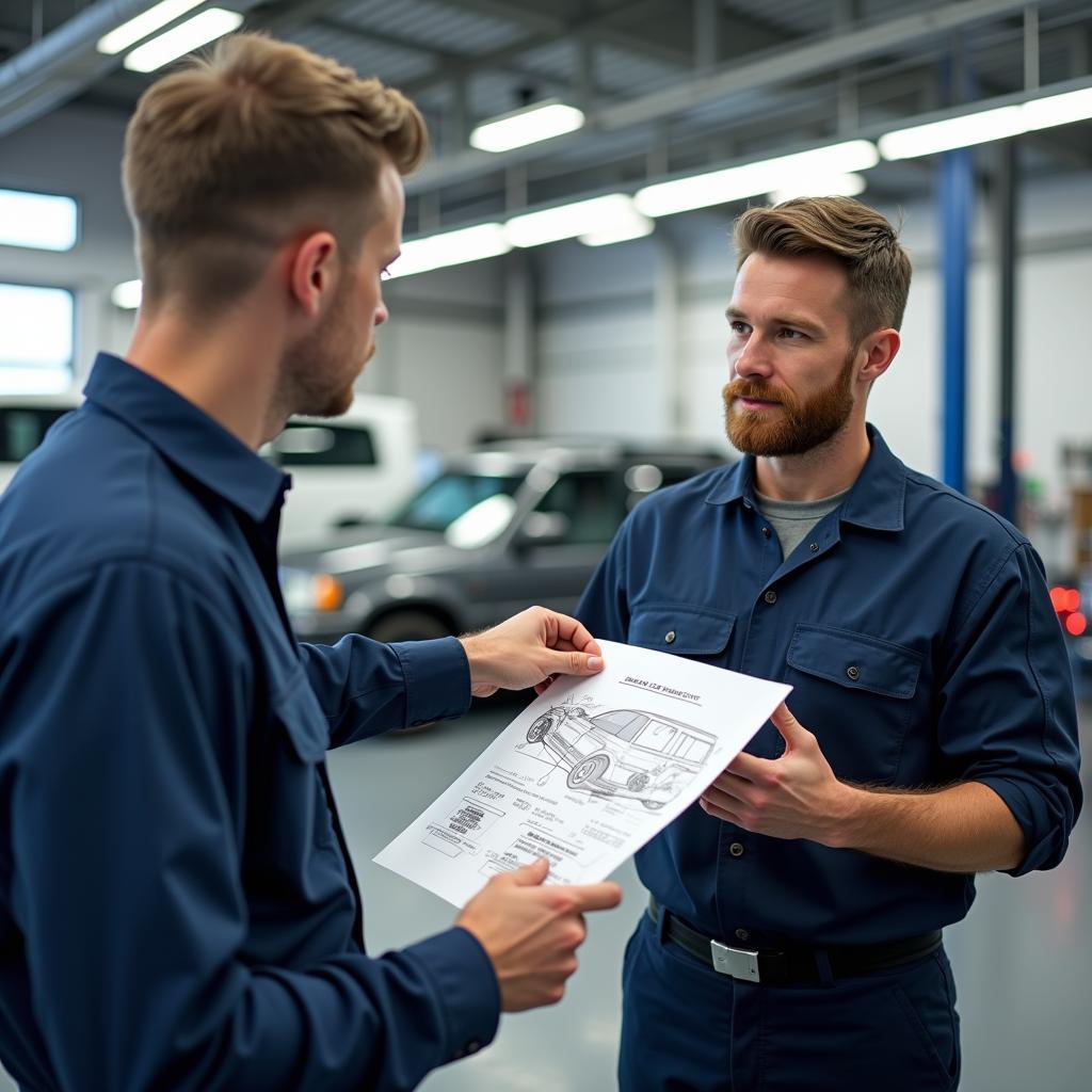 Customer Focused Car Service Technician Explaining Repair to Customer